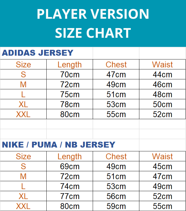 PLAYER VERSION SIZE CHART